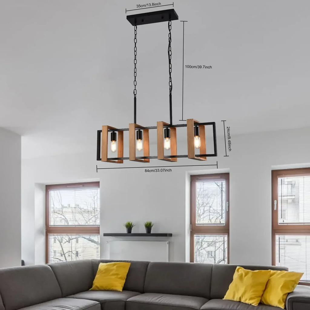 Rustic 4-Light Wood Pendant Chandelier – Farmhouse Ceiling Lamp for Dining, Island, & Living Room