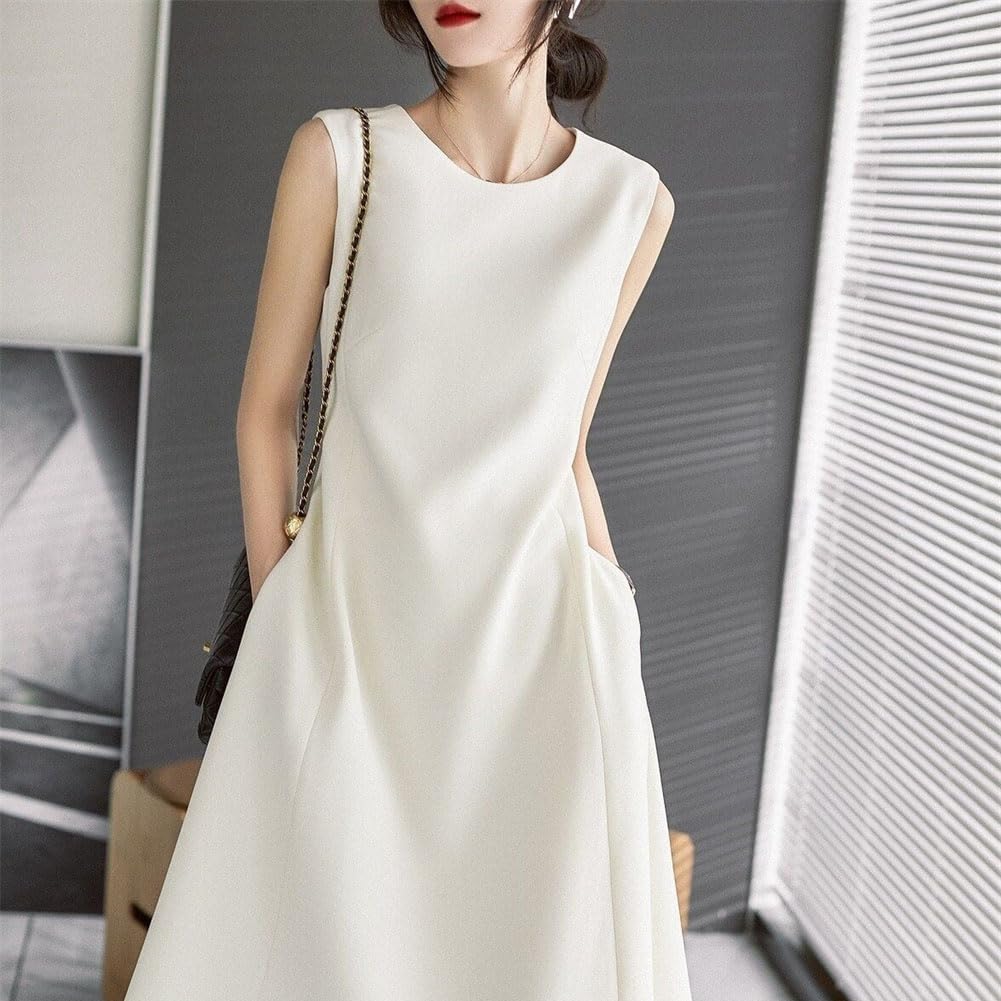 Sleeveless Crew Neck Skirt Solid Slimming Elegant Long Perfect for Office and and Winter [SDSXZWG] Women's Dress, Color, Simple, Dress, Casual, Skirt,