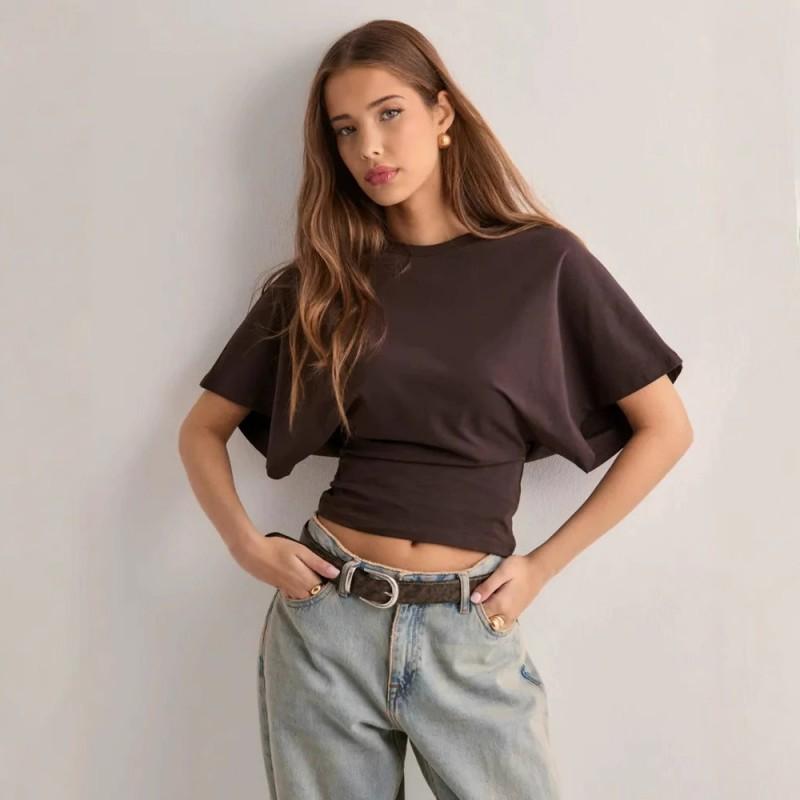 Womens Round Neck Loose Short Sleeve T-Shirt - Tencel Blend Solid Color Batwing Minimalist Casual Top 2025