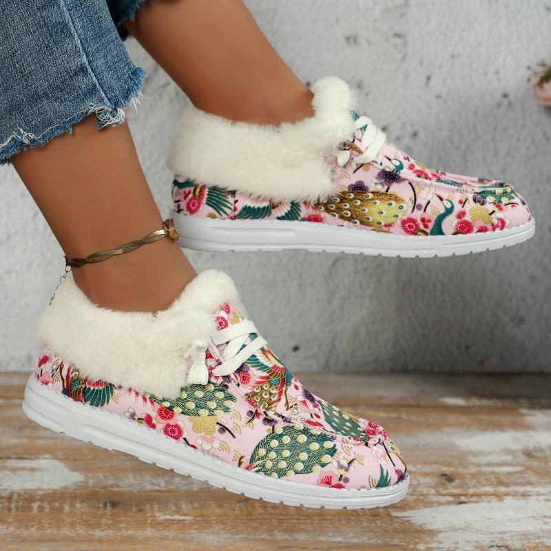 European American Christmas Printed Cotton Shoes 2024 Winter Lace Up and Plush Flat Bottomed Oversized Warm Low Top Casual Shoes