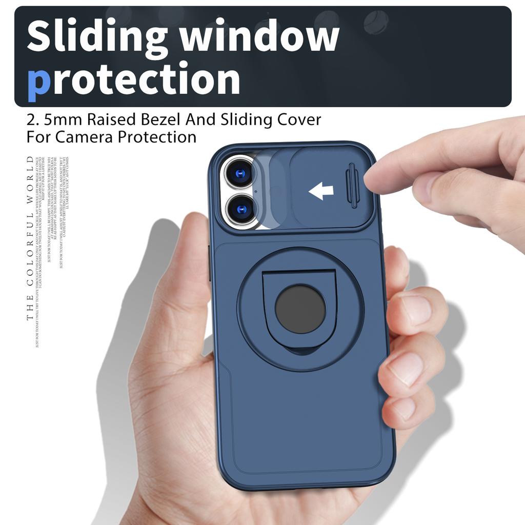 For iPhone 16 Magnetic Case Slide Camshield TPU+PC Kickstand Phone Cover