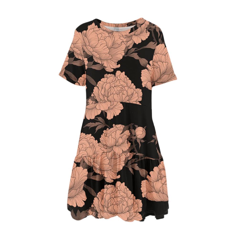 Dame Mote Casual Rund Hals Kortermet Kappe med Volanger Vintage Trykte Kjoler