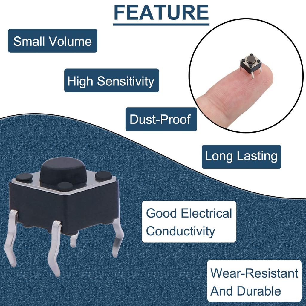 DAOKAI 100 STÜCK Taktiler Takt Druckknopf 4 Pin 6x6x4,3mm Vertikaler Momentaner Schalter Miniatur-Druckknopfschalter Schwarz Elektronisches Bauelement Panel PCB