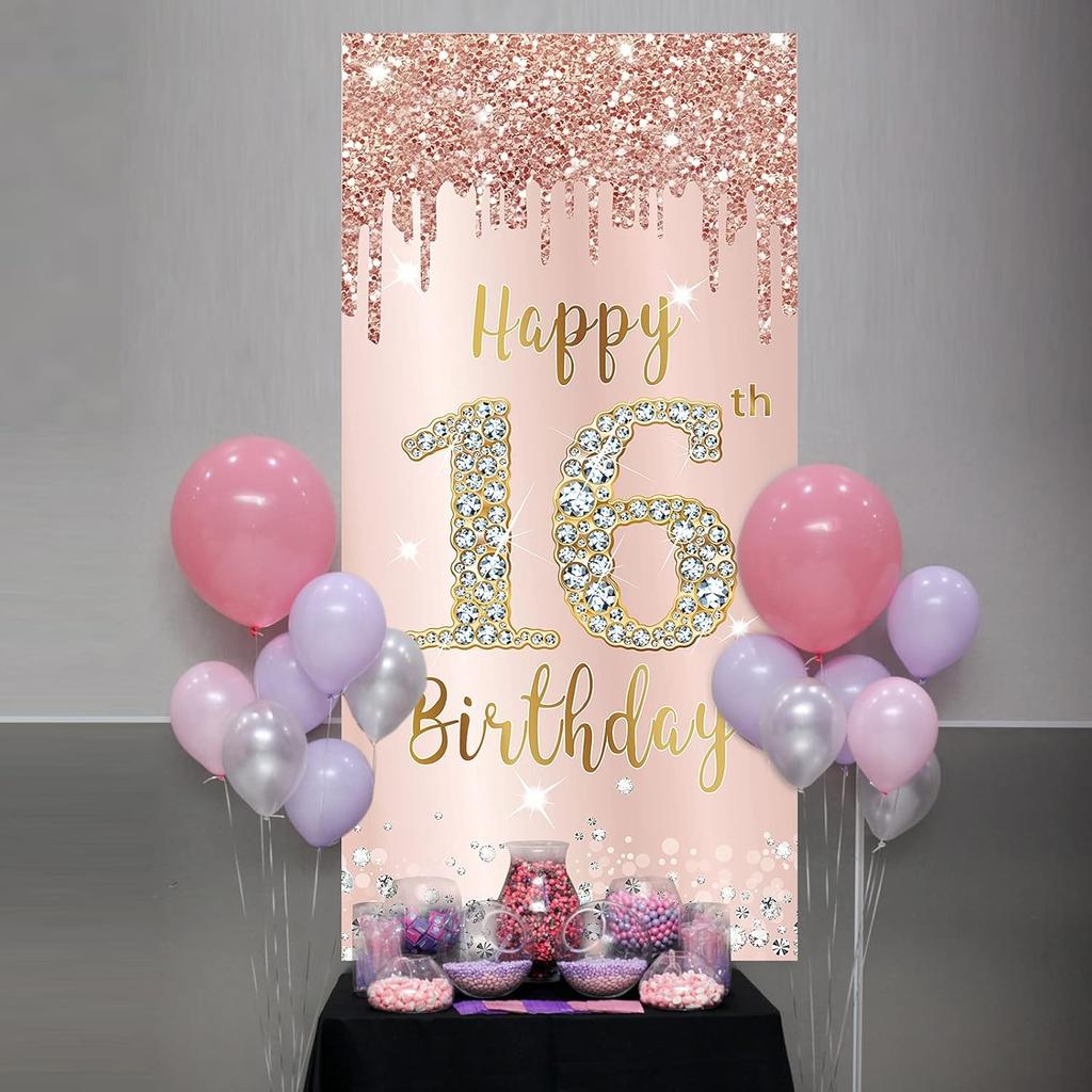 16th Birthday Door Banner Decorations for Girls, Pink Rose Gold Sweet 16 Birthday Door Cover Backdrop Party Supplies, Large Happy Sixteen Year Old