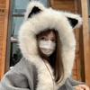 Thicken Integrated Cap Scarf Soft Hooded Scarf Trendy Plush Vixen Ear Beanie Hat  Winter