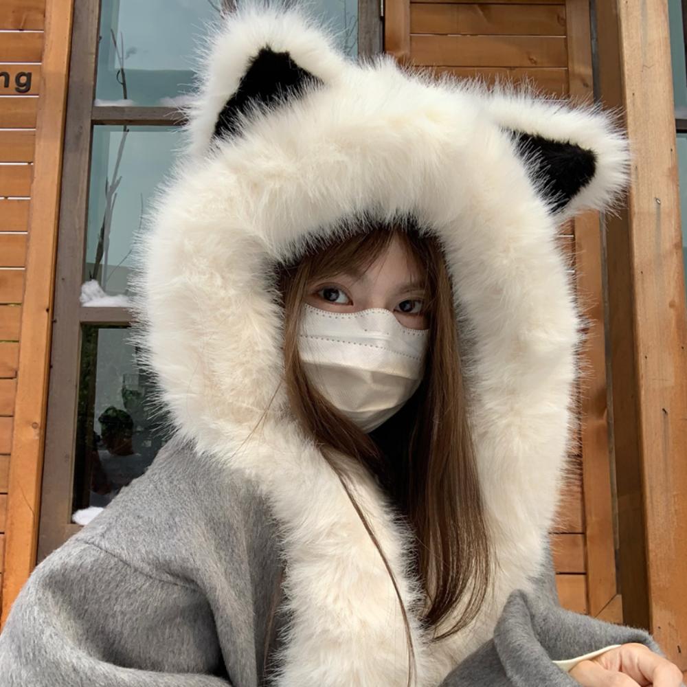 Thicken Integrated Cap Scarf Soft Hooded Scarf Trendy Plush Vixen Ear Beanie Hat Winter