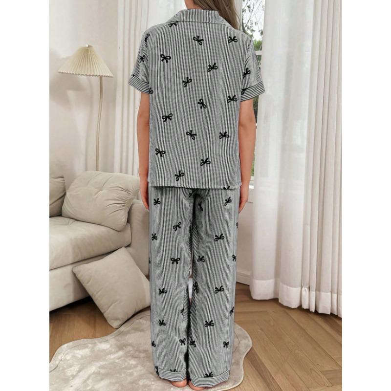 Women Striped Bow Turn Down Collar Short Sleeve Long Pants Two Piece Pajama Loungewear Set