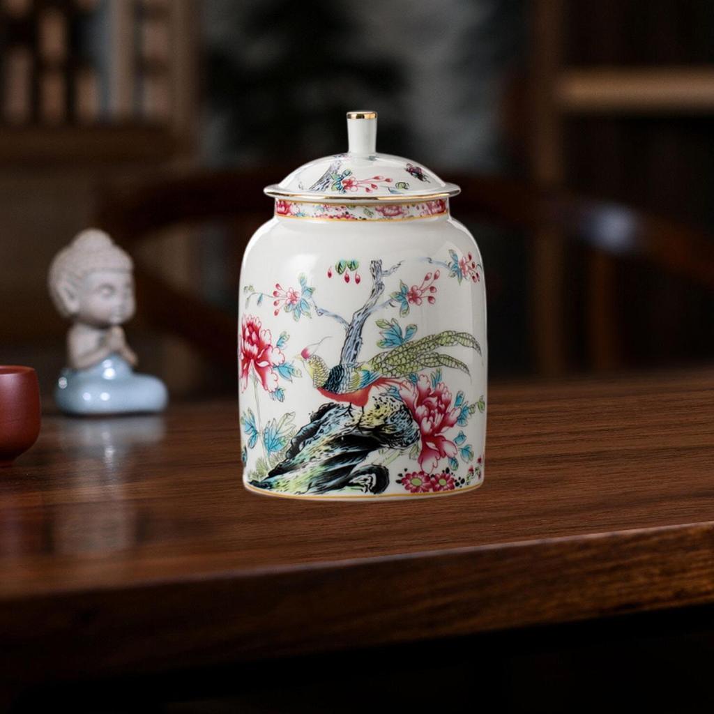 Porcelain Tea Canister Decorative Flower Vase for Tabletop Livingroom Office