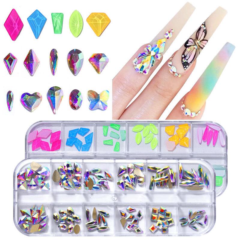 12 Strass per unghie colorati Diamanti di dimensioni miste AB Flatback Lucido Cristallo 3D Glitter Gemme Decorazioni per unghie Strass