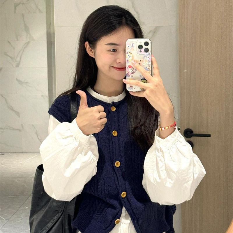 

French Cable Knit Cardigan Vest & Early Autumn Long Sleeve Shirt Set for Women L