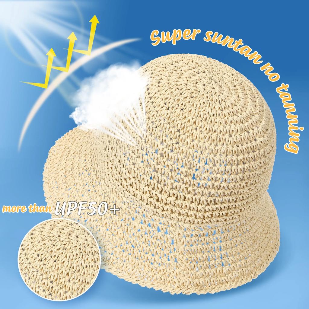 Women's Summer UV-Protect Crochet Straw Bucket Hat Fashionable Breathable Sunshade Cap with Foldable Visors for Beach Outdoor
