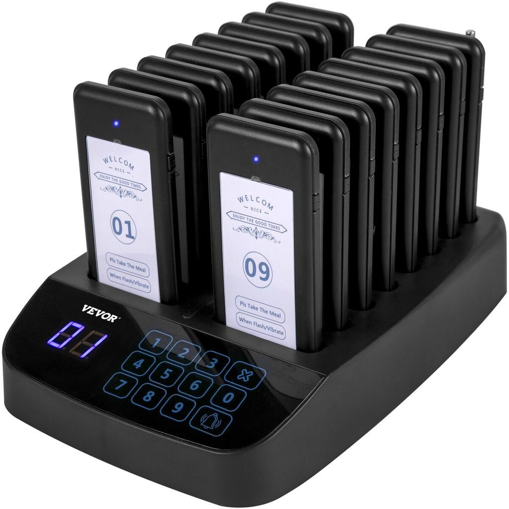 Restaurant-Pager 16 Untersetzer Paging-System Max. 98 Kinderbetreuungs-Pager Kabelloses Paging Warteschlangen-Rufsystem Touchscreen mit Vibration, Blinken und