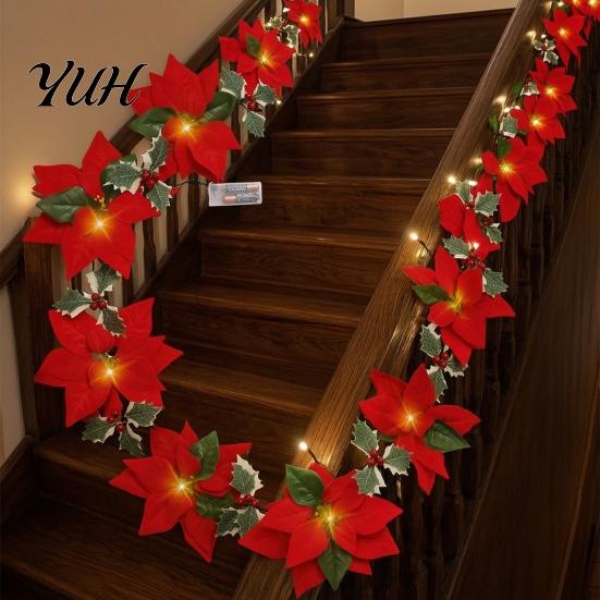 Fireplace Garland Lighting Christmas Poinsettia String Lights, 200/300cm Red Green Floral Garland, Battery/USB Low Voltage LED Operated Indoor Outdoor
