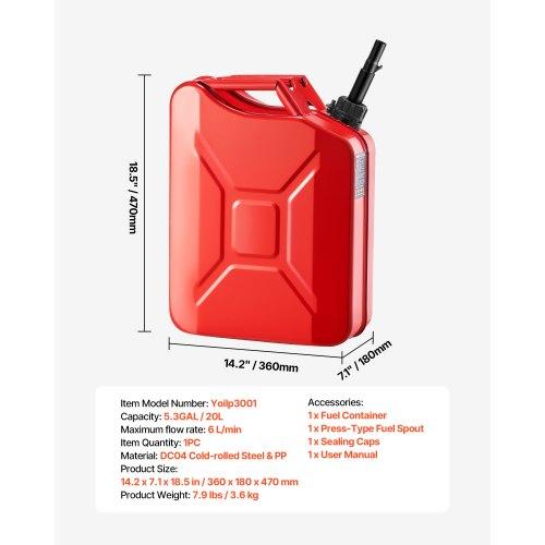 VEVOR Metal Fuel Container, 20 L, Fuel Jerry Can with Spout and Comfort Handle, 6 L/min Max Flow Rate