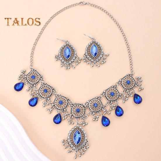 1 Set Necklace Earrings Set Rhinestone Decor Water Drop Bohemian Hollow Out Symmetric Polished Prom Party Wedding Party Bride Jewelry Set