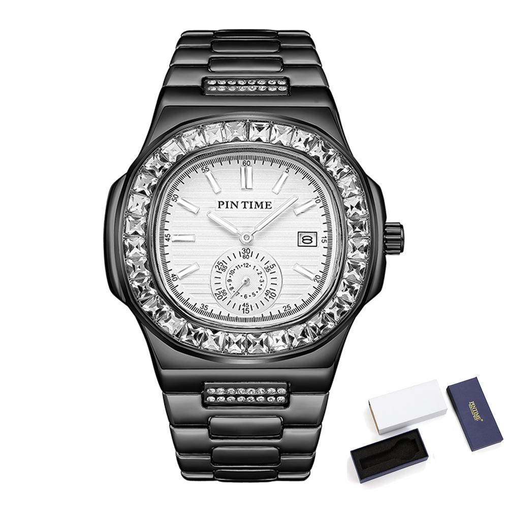Business Men's Watches Shiny Diamond Case Fashion Quartz Wristwatch Stainless Steel Strap Waterproof 30M Calendar Reloj Hombre