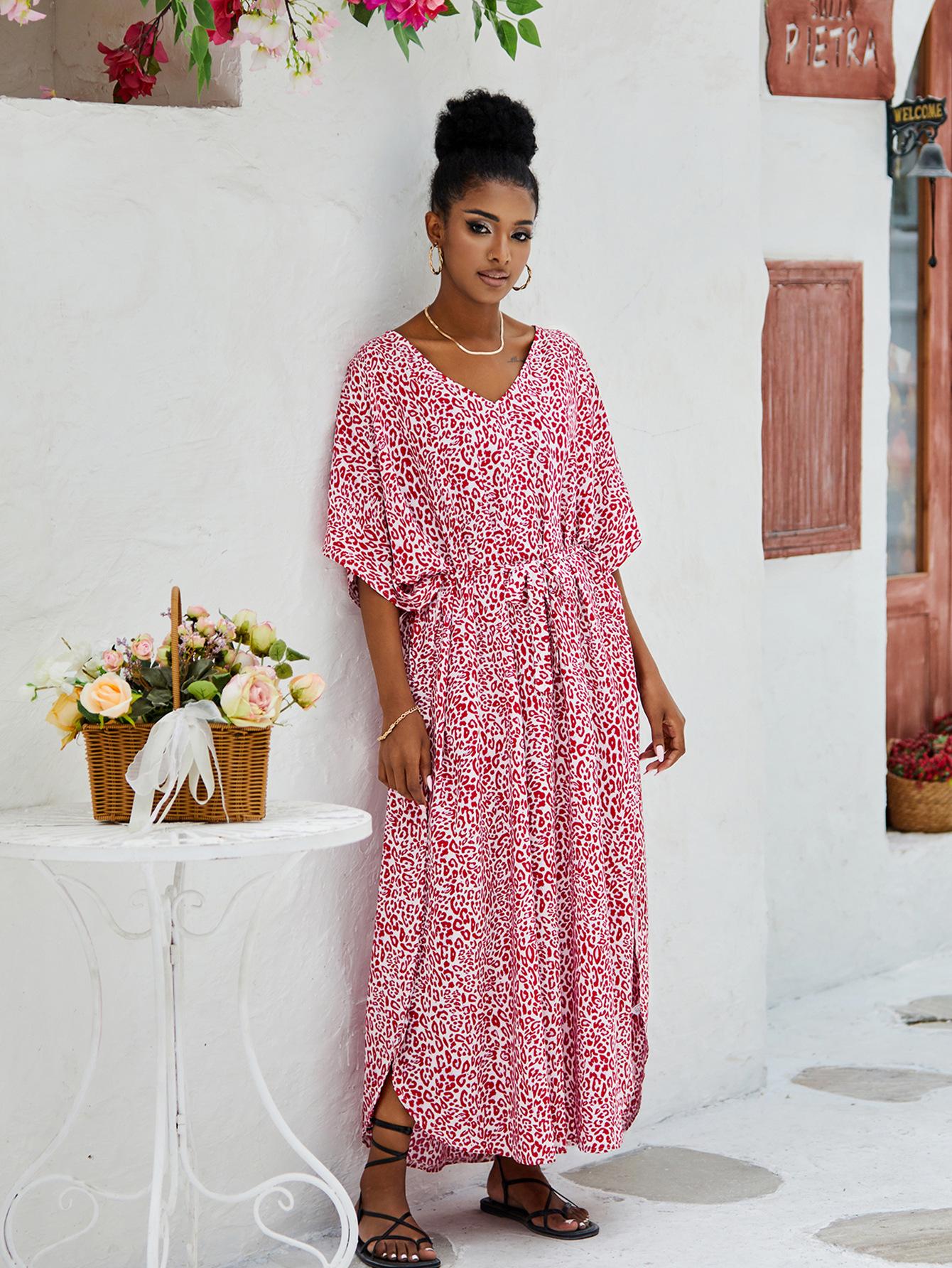 

Районное кимоно с V-образным вырезом, длинное, пляжная накидка One Size розовый/красный