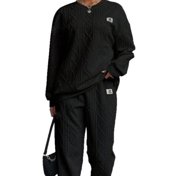 Autumn Winter Trendy Geometric Pattern Knit Pantsuit For Women Casual Lounge Wear