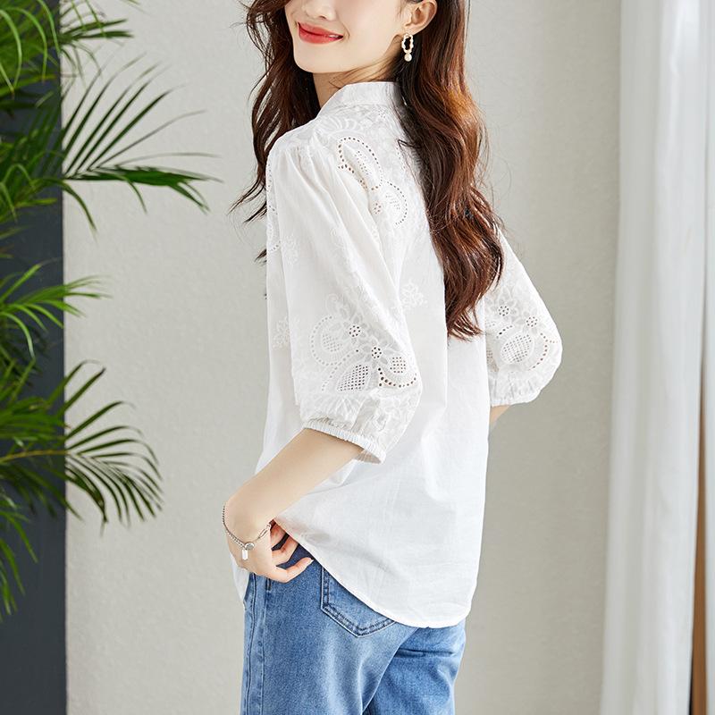 V-neck Embroidery Hollow White Shirt Women's Cotton Temperament Light Maturity Blouse Shirt