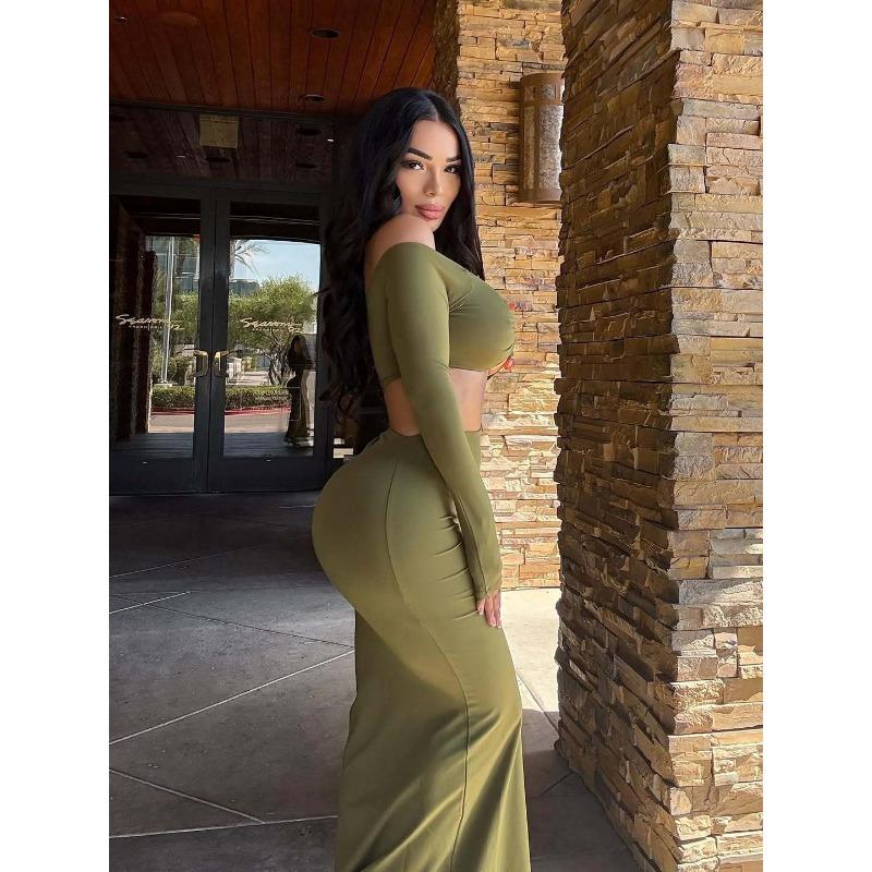 Women Sexy Solid Hollow Out Long Sleeve Slim Fit Seaside Vacation Long Dress