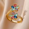Anelli Doppi Fiore Zircone Viola per Donne Colore Oro Acciaio Inossidabile Anello Aperto Fiore Gioielli Estetica Matrimonio Regalo
