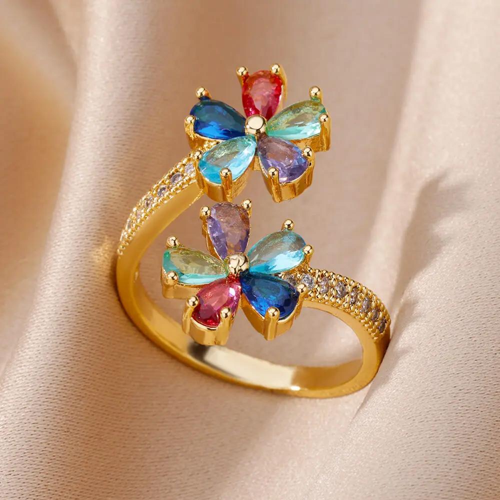 Anelli Doppi Fiore Zircone Viola per Donne Colore Oro Acciaio Inossidabile Anello Aperto Fiore Gioielli Estetica Matrimonio Regalo