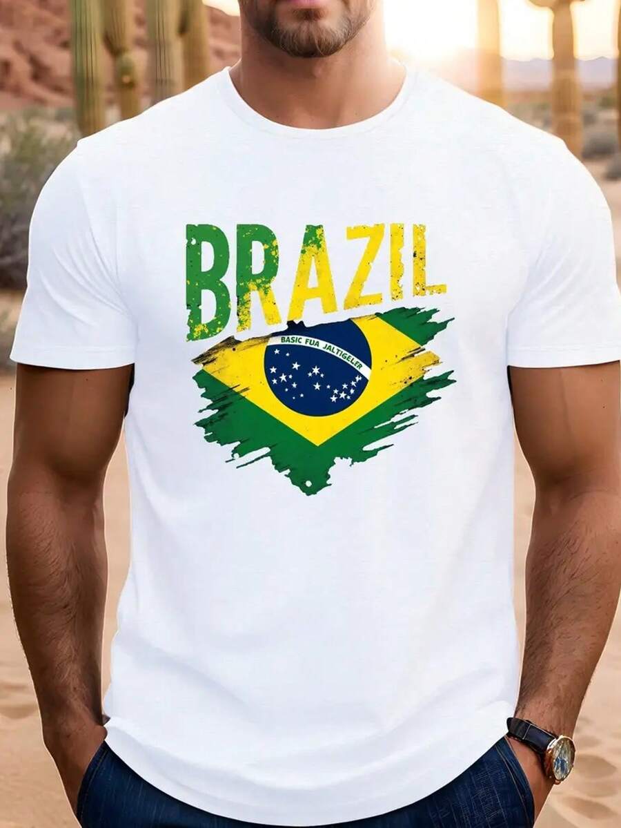 

Unisex s Brazilian Flag Graphic T-Shirt - Casual Short-Sleeved Summer T-Shirt In White With Bold BRASIL Print And Colorful Flag Design XXXL