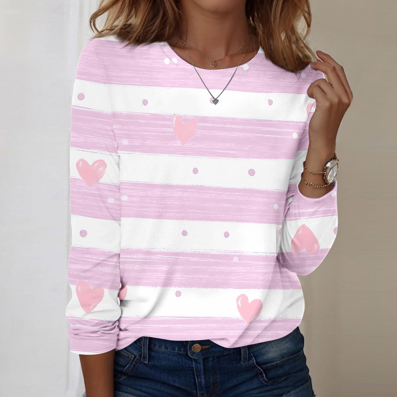 

Women s casual long,sleeved Valentine s Day printed round neck top M рожевий