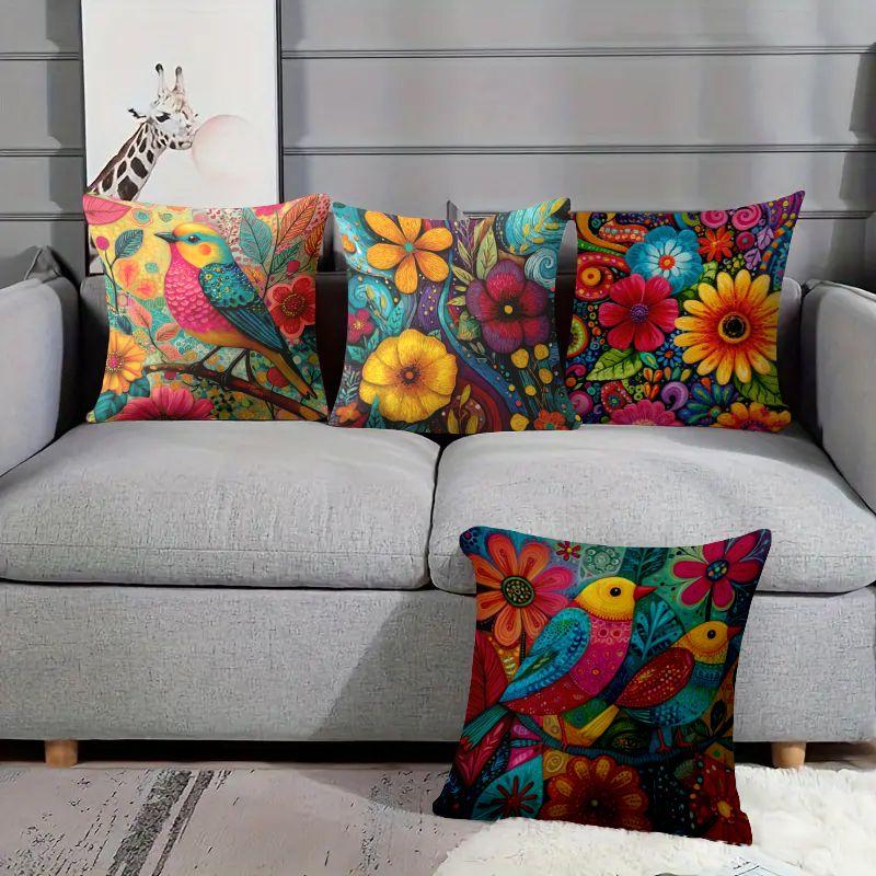 4 Stück bunte Vogel-Blumen-Kissenbezüge Samt-Polyester-Kissenhüllen Boho-Kunst Dekorative Kissen Heimdeko