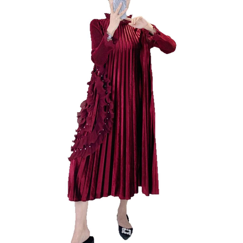 Elegantes Übergrößen-High-End-Samtkleid mit schwerer Perlenstickerei und Stickerei