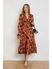 Orange New Long Dress For Women V Collar Pullover Lantern Sleeves A-line Floral Print Elegant Ladies's Dress