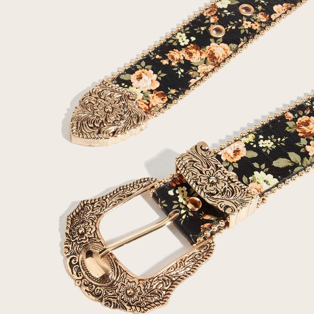 Bohemian-Stil geschnitzte Metallschnalle Gürtel Randperlen Retro Blumenmuster Gürtel Damen Accessoires