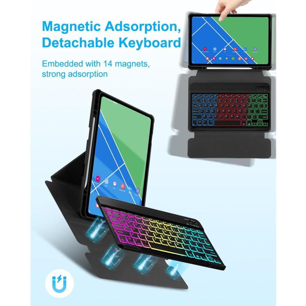 Compatible Samsung A11+ Bluetooth Keyboard Case: S10 Lite Acrylic 360° Rotating Backlit Cover & S11 Leather Case