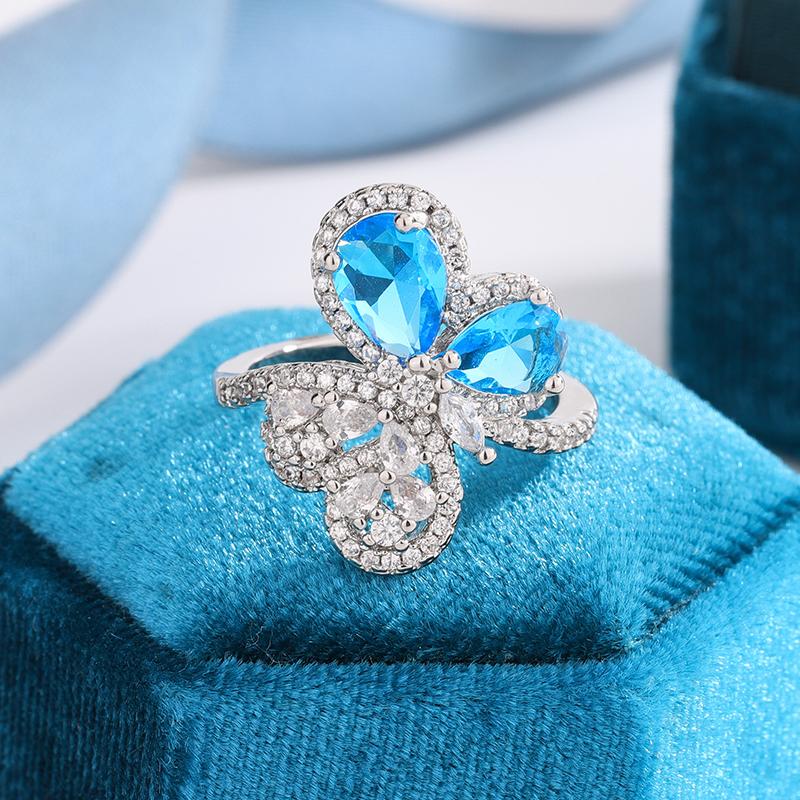 

Creative Butterfly Sea Blue Color Zircon Open Ring Women s Temperament 925 Silver Plated Wedding Party Birthday Jewelry Gift синій