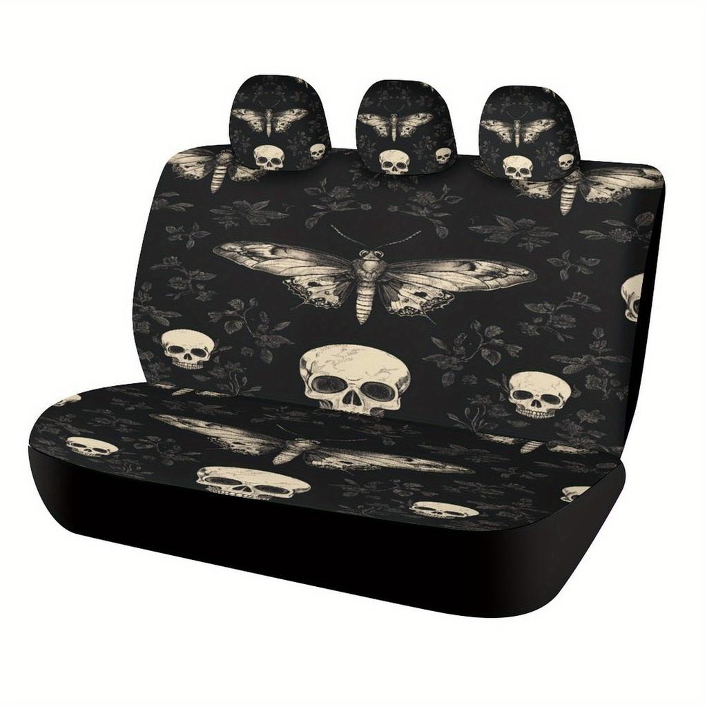 Gothic Moth And Skull Pattern Designed Car Seat Cover Set For Most Cars, Fashion Comfortable Car Seat Protector Covers Full Set