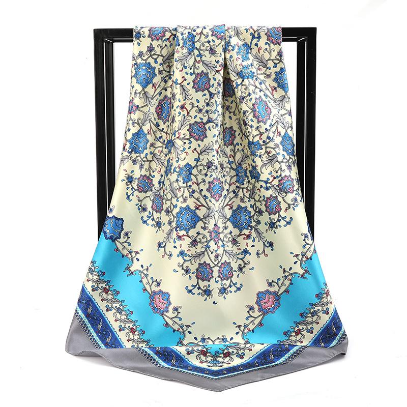 90*90Cm Women Elegant Floral Printed Square Imitation Silk Scarf Hijab Women Luxury Sunscreen And Dustproof Kerchief Head Scarf