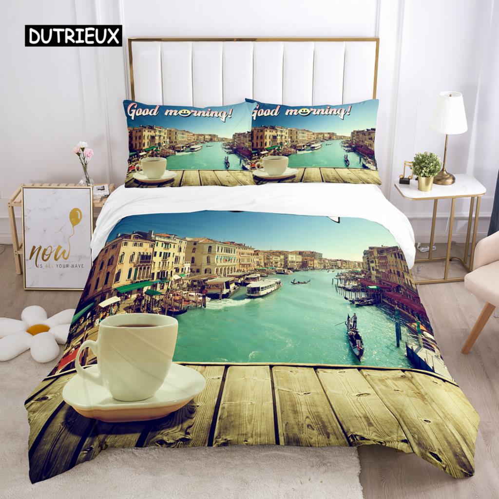 Good Morning Duvet Cover Set Microfiber Coffee Rose Cozy Breakfast Twin Bedding Set Double Queen King Size 2/3pcs Quilt Cover