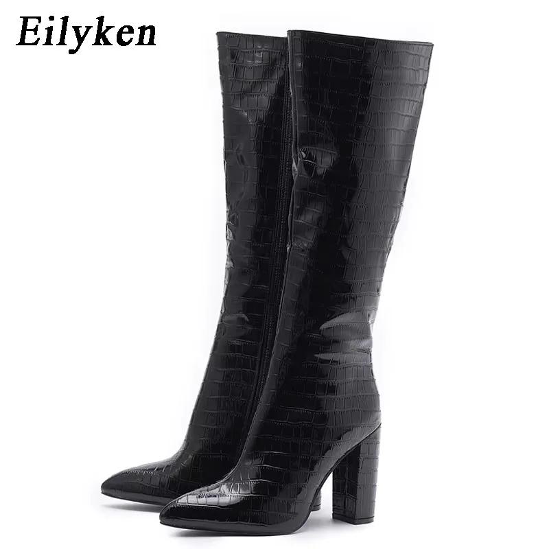 Fashion Eilyken Autumn Winter High Heel Women Knee High Serpentine Boots Designer Chunky Shoes Zipper Long Botas Mujer