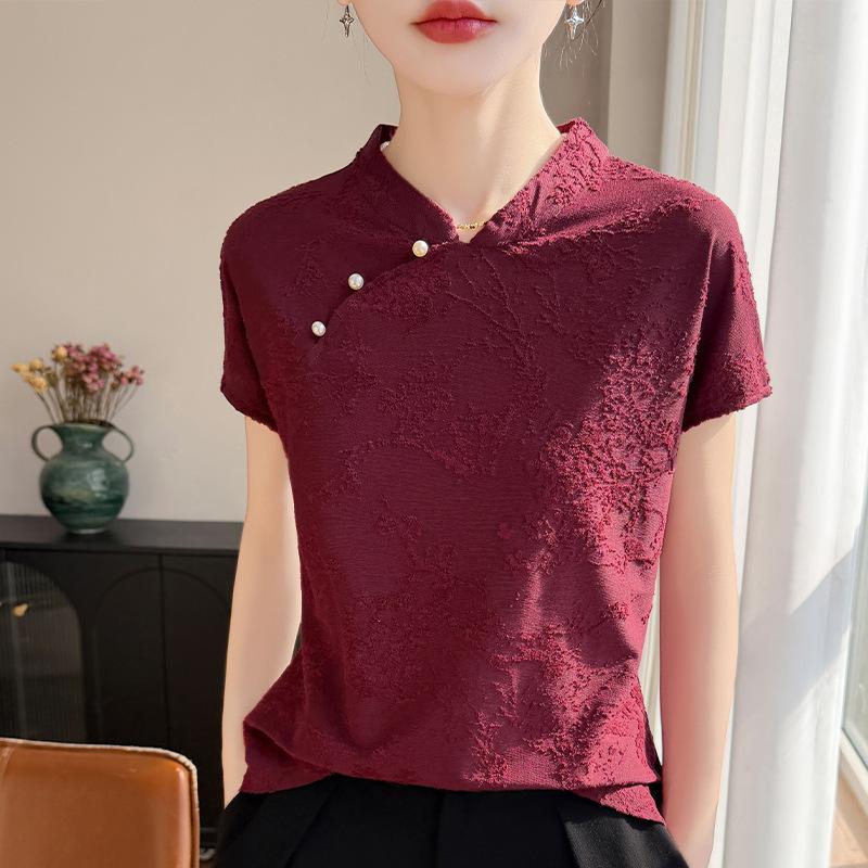 Retro Button-up Three-dimensional Jacquard Knitted Short-sleeved T-shirt for Women, Summer Lightweight Sleeveless Top