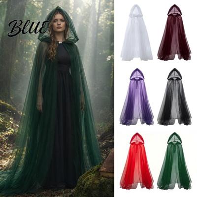 Cape à Capuche en Maille Cosplay pour Adultes Cape en Tulle Transparent à 2 Couches Costume de Reine Sorcière Gothique Accessoires Halloween Renaissance Cape Légère