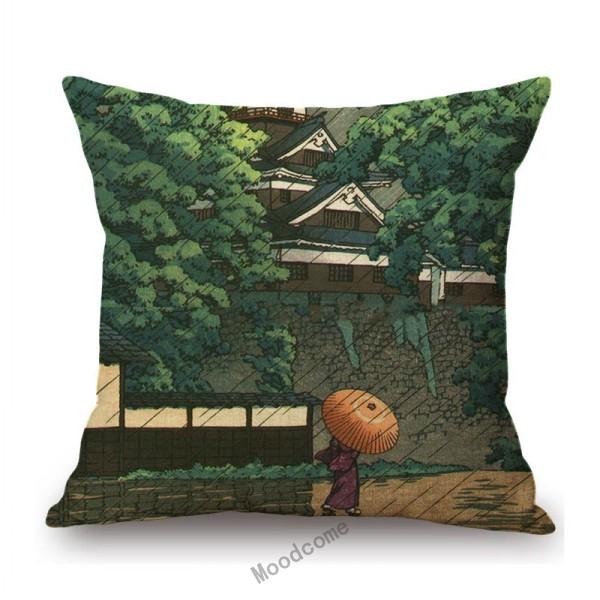 Kawase Hasui-Japanese Woodblock Pillow Case Ukiyo Mount Fuji Temple Beautiful Scenic Art Home Decorative Sofa Car Cushion Cover
