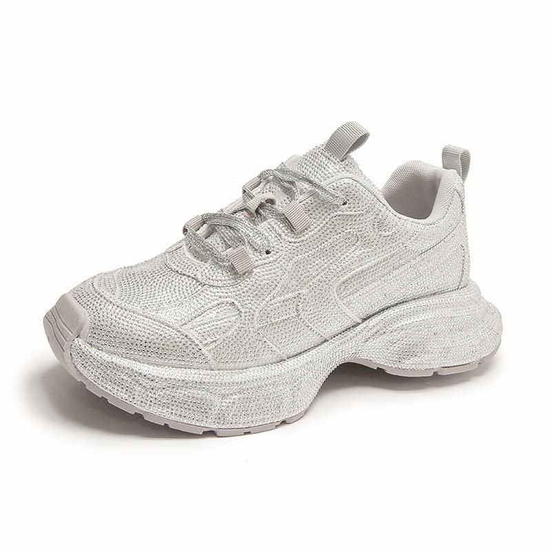 Women Sneakers Spring Lace-Up High Heel Platform Lace Up Silver Crystal Casual Working Shoes Wearing Night Running Shoes Outside