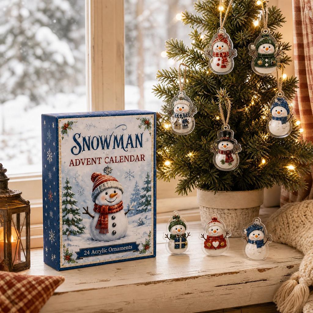 Snowman Christmas Advent Calendar with Acrylic 2D Snowman Hanging Ornaments