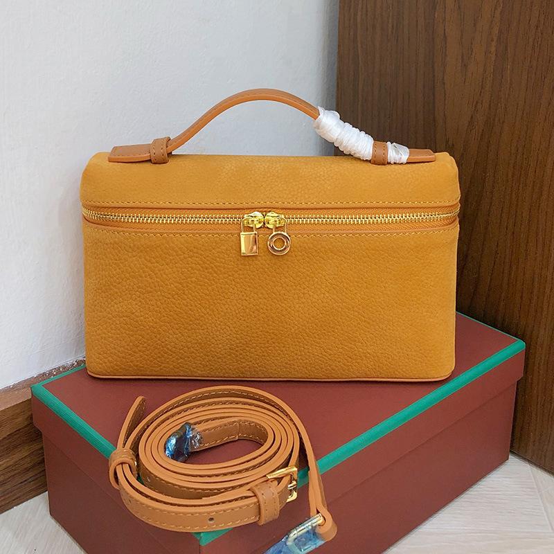 2025 New Gold Buckle Nubuckle Cowhide LP19 Lunch Box Bag Genuine Leather Versatile Small Square Bag Handheld One Shoulder Crossbody Bag for Women