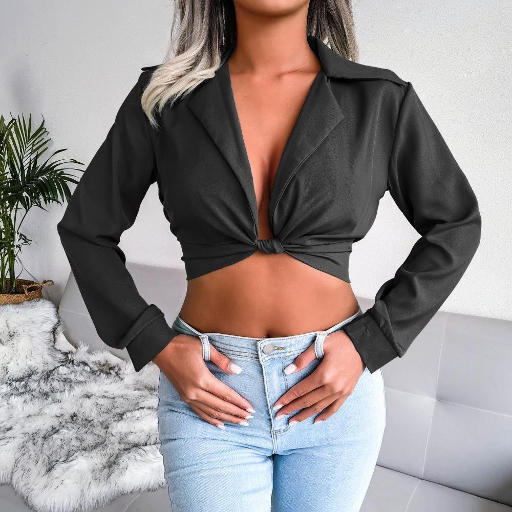 Women Solid Color Notched Lapel Knot Front Cropped Long Sleeve Chiffon Shirt S чёрный