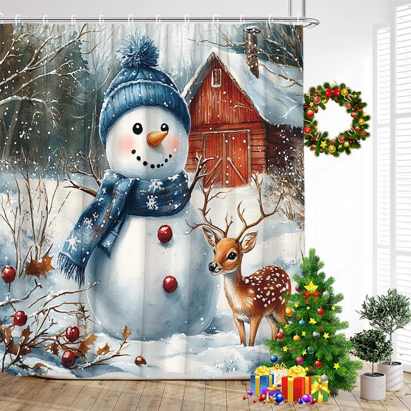 Cute Blue Snowman Shower Curtains Winter Forest Cedar Snow Mountain New Year Christmas Home Bathroom Curtain Decor With Hooks