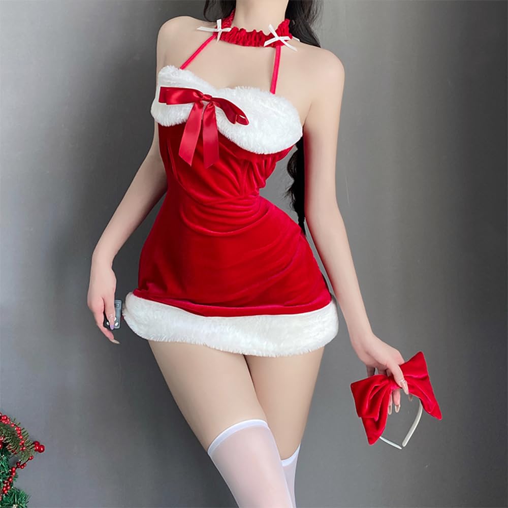 Christmas Costume Santa Sexy Lingerie Bow Tie Sexy Extreme Disguise Sleeveless Costume Outfit Cute Moe Photography Stockings 3 Piece Set [RPFLQ]