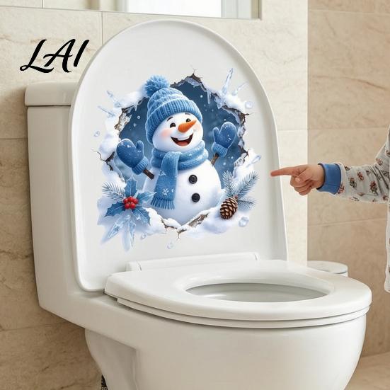 Snowman Decorative Stickers Christmas Toilet Stickers 3D Bathroom Wall Decals Creative Party Decor Waterproof PVC Window Seat Holiday Decals