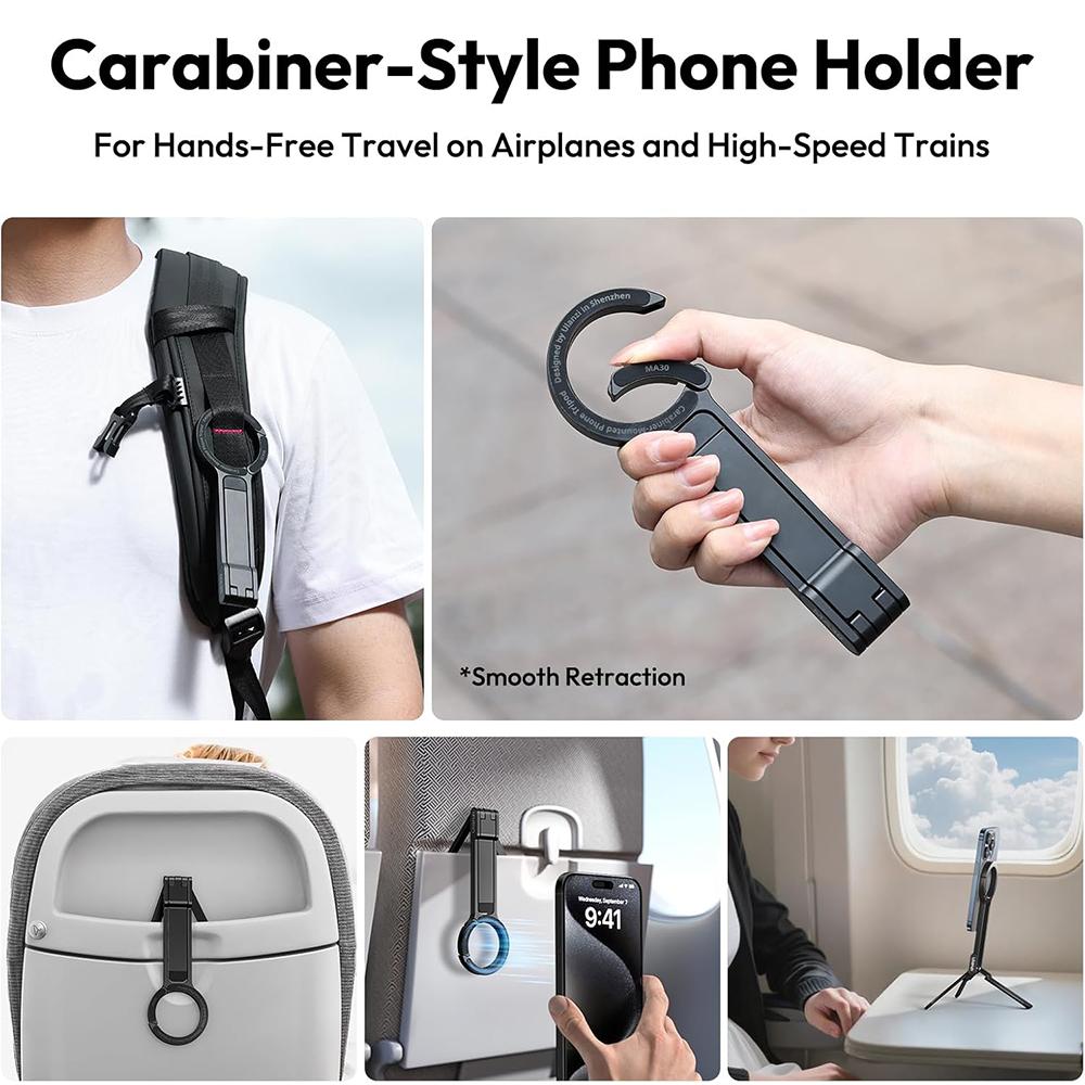Alloy Magnetic Phone Tripod Foldable Portable Stand Carabiner-Mounted Desk Support with 3 Magnetic Rings for 14 15