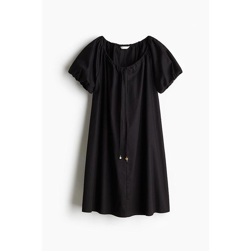 

HM Women clothes Collarless Dress 2025 Summer New Loose Short sleeve A Word Drawstring Collar One-Piece Dress 1275760 Black 155/80(XS)